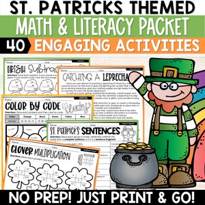 St. Patrick&#39;s Math and Literacy Worksheets for 3rd Grade, NO PREP 3rd Grade March Worksheets, 3rd Grade Language Arts Review, Math Review