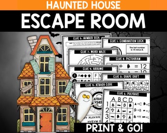 May include: A printable haunted house escape room game with nine different clues. The clues include a combination lock, word maze, arrows, atbash code, pictogram, shape shift, number seek, and polybius square. The game is designed for kids and features a cartoon ghost and a haunted house.