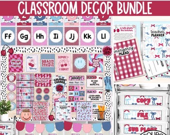 Decorazioni per l'aula in stile retrò Cherry Coquette, decorazioni per l'aula stampabili in stile rococò Cherry Cola Americana, fiocchi decorativi a quadretti stile cowgirl anni '90