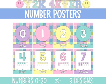 May include: A set of colorful number posters with a Y2K theme. The posters feature numbers 0-7 with the corresponding word spelled out below. The posters have a checkered background with a smiley face in the corner.