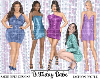 Könnte beinhalten: Illustration von fünf Frauen in glitzernden Kleidern in verschiedenen Farben, darunter Blau, Türkis und Lila. Der Text "Birthday Babe" und "Fashion People" ist enthalten. Der Name des Künstlers, "Sadie Piper Designs", ist ebenfalls sichtbar.