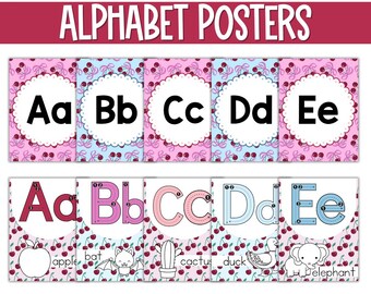 Poster dell'alfabeto con ciliegie retrò, decorazioni per aule stampabili, download immediato, decorazioni per aule americane anni '90, decorazioni per aule in stile country