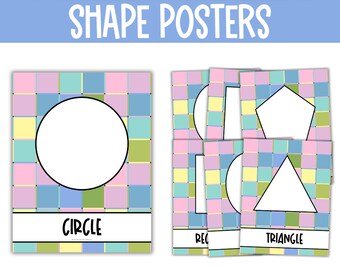 Op de afbeelding: Een set van 12 kleurrijke posters met verschillende geometrische vormen, waaronder een cirkel, een rechthoek, een driehoek en een vijfhoek. Elke poster heeft een geruite achtergrond met pastelkleuren en de naam van de vorm eronder.