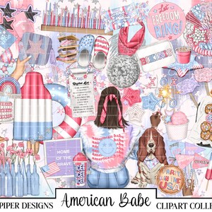 May include: A digital clipart collection featuring a variety of images related to the American 4th of July holiday. The collection includes a girl wearing a tie-dye shirt with the words "American Babe" on it, a dog, a cake, a popsicle, a beach ball, a firework, a glass of ice water, and a variety of other images.