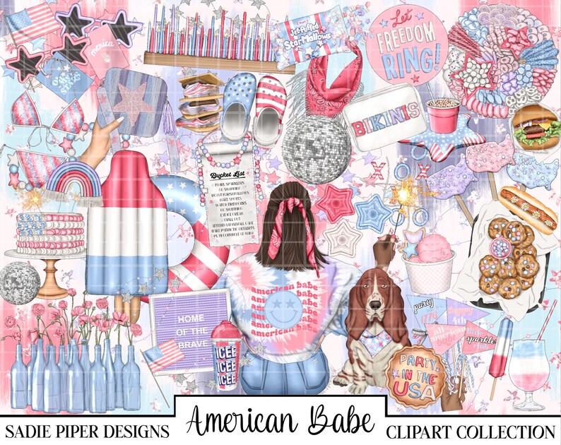May include: A digital clipart collection featuring a variety of images related to the American 4th of July holiday. The collection includes a girl wearing a tie-dye shirt with the words "American Babe" on it, a dog, a cake, a popsicle, a beach ball, a firework, a glass of ice water, and a variety of other images.