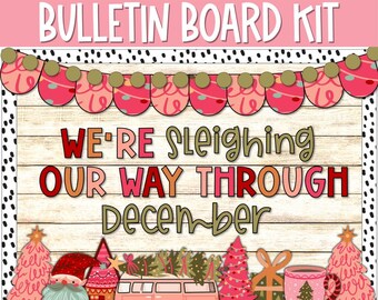 Warm Cozy Christmas Bulletin Board Kit, Preppy Pink December Holiday Door Decor, Boho Christmas Printable Bulletin Kit, Vintage Holiday Deco