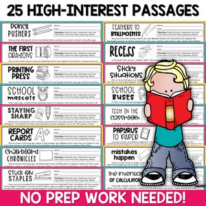 May include: A colorful set of 25 printable educational reading passages for kids. Each passage features a different historical fact or invention, with a title, name, date, and directions for reading and finding supporting details. The passages are designed to be used for reading comprehension and writing activities.