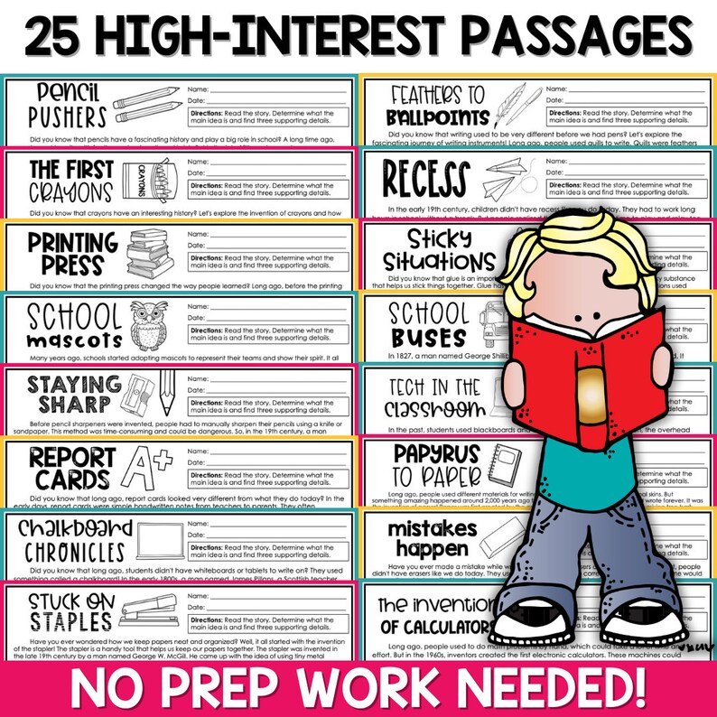 May include: A colorful set of 25 printable educational reading passages for kids. Each passage features a different historical fact or invention, with a title, name, date, and directions for reading and finding supporting details. The passages are designed to be used for reading comprehension and writing activities.