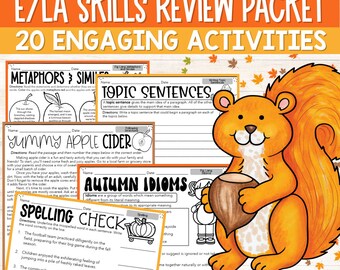 Fall Literacy Worksheets for 3rd Grade, NO PREP 3rd Grade Fall Language Arts Worksheets, ELA Packet, 3rd Grade Review Packet