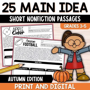 Könnte beinhalten: Ein druckbares Arbeitsblatt für die Klassen 3-5 mit einer bunten Apfelwein-Illustration und dem Text "25 Main Idea Short Nonfiction Passages Autumn Edition Print and Digital". Das Arbeitsblatt soll Schülern helfen, etwas über American Football zu lernen.