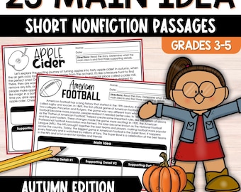 Fall Main Idea and Supporting Details Worksheets, Main Idea Graphic Organizer, Central Idea and Key Details Worksheets, Summarizing Text