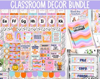 Retro Groovy Y2K Klassenzimmer Dekor MEGA Bundle, Regenbogen Helle Klassenzimmer Dekor, Smiley Klassenzimmer Dekor, Kariertes Gänseblümchen Klassenzimmer Thema