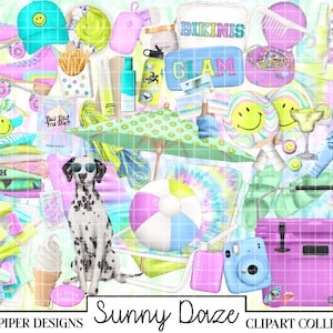 SUNNY DAZE Blue Clipart, Summer Clipart, Beach Tropical Travel Clipart, Pool Clipart, Smiley Face Clipart, Aesthetic Clipart, Vacation