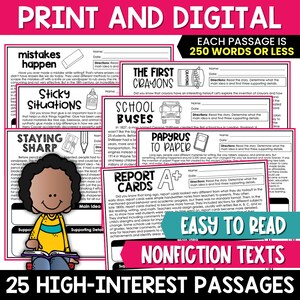 May include: A set of printable and digital nonfiction reading passages for kids. Each passage is 250 words or less and includes a main idea and three supporting details. The passages cover topics like the invention of crayons, school buses, papyrus, and report cards.