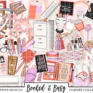 BOOKED AND BUSY Clipart, Stationary Clipart Planner Girl Clipart Planner Girl Aesthetic Girl Boss Clipart Kawaii Planner Sticker Clipart