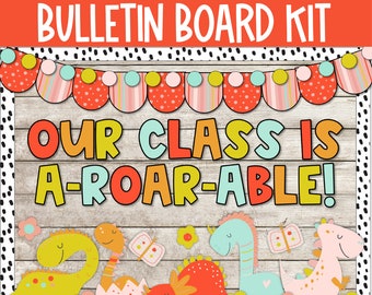 May include: A bulletin board kit with a woodgrain background and the text "Dino Love Bulletin Board Kit" in red and white. The main text on the board is "Our Class is A-Roar-Able!" in colourful letters. The board is decorated with colourful dinosaurs, flowers, and butterflies.