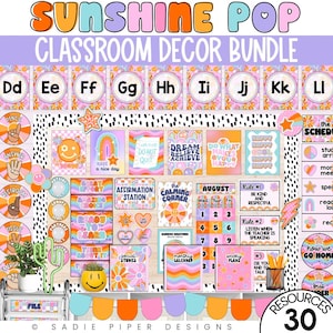 Retro Groovy Y2K Klassenzimmer Dekor MEGA Bundle, Regenbogen Helle Klassenzimmer Dekor, Smiley Klassenzimmer Dekor, Kariertes Gänseblümchen Klassenzimmer Thema