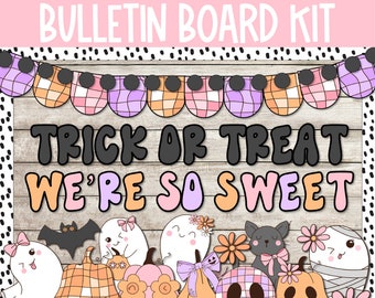 May include: A Halloween bulletin board kit with the text "Boo Bash" and "Trick or Treat We're So Sweet". The kit includes a banner with orange, pink, and purple checkered patterns, a bat, and various ghosts, pumpkins, and other Halloween-themed characters.