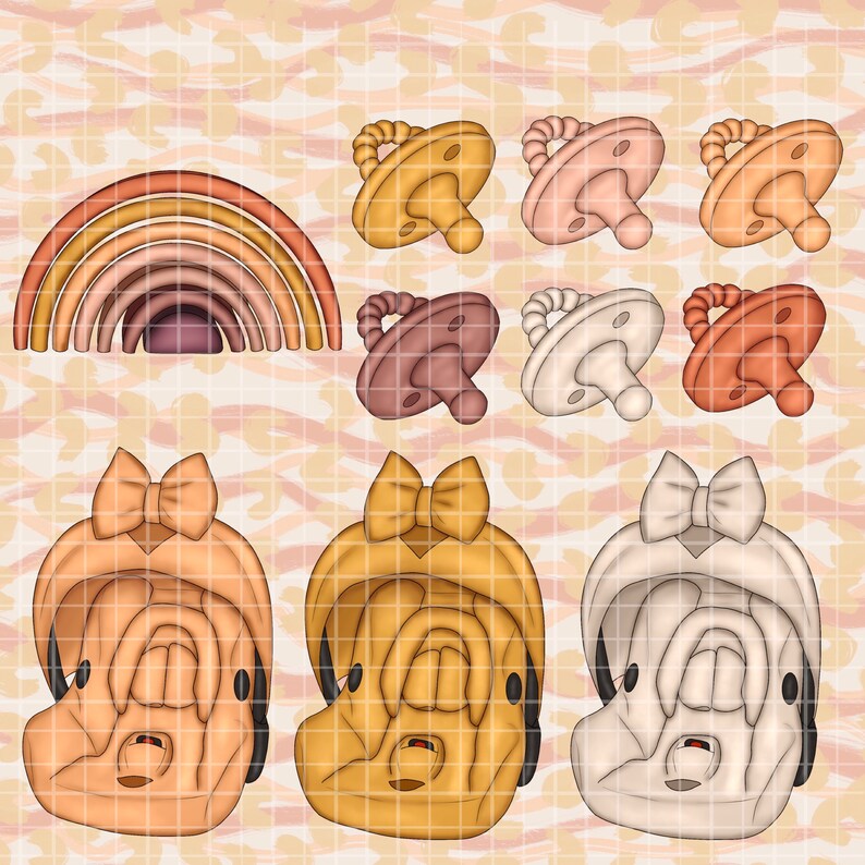May include: Three car seat covers with different colored bows and a rainbow stacking toy. The car seat covers are in beige, brown, and white. The bows are in brown, yellow, and white. The rainbow stacking toy is in shades of brown and orange.