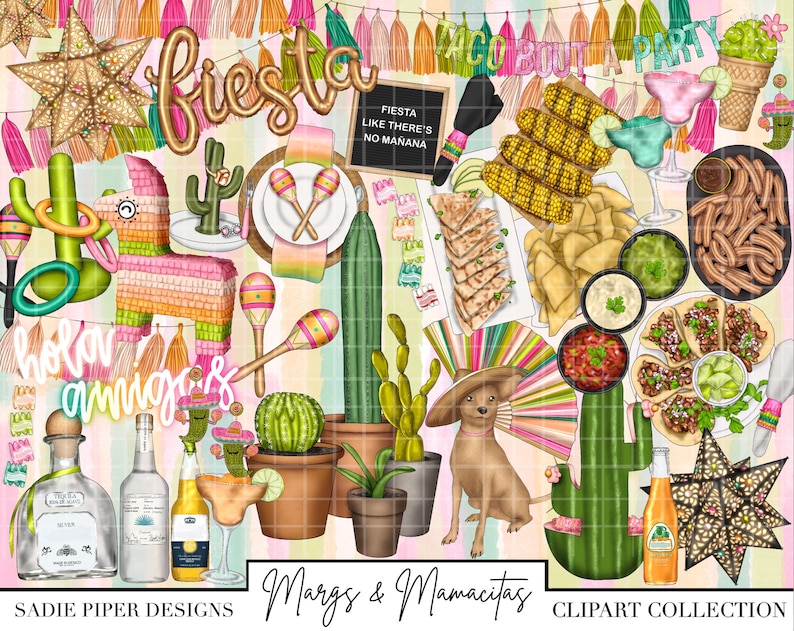 May include: A digital clipart collection featuring illustrations of a fiesta party, including a pi&ntilde;ata, maracas, cacti, tequila bottles, tacos, and a chihuahua wearing a sombrero. The text "Fiesta Like There's No Ma&ntilde;ana" is included in the image.