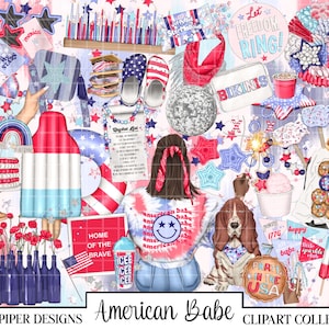 May include: A digital clipart collection featuring a variety of red, white and blue illustrations with a patriotic theme. The collection includes images of stars, fireworks, ice cream, a dog, a girl, and a sign that says "Let Freedom Ring!"