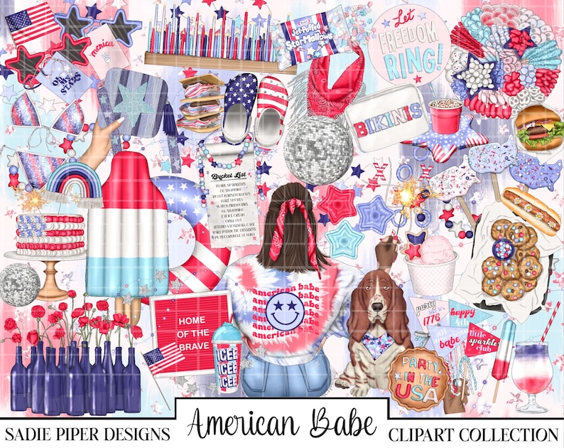 May include: A digital clipart collection featuring a variety of red, white and blue illustrations with a patriotic theme. The collection includes images of stars, fireworks, ice cream, a dog, a girl, and a sign that says "Let Freedom Ring!"