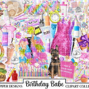 May include: A digital clipart collection featuring a variety of colorful birthday party elements, including a pink sparkly dress, a disco ball, a cupcake, a dog, a gift box, a burger, a milkshake, a pair of pink high heels, and a sign that says "This is your year to sparkle".