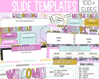 May include: A set of colorful digital slides for teachers. The slides feature a crayon theme with illustrations of crayons, pencils, and other school supplies. The slides include templates for "Good Morning", "Student Spotlight", "Social Studies", "Meet the Teacher", "Groups", "Centers", "Welcome", and "Today's Schedule".