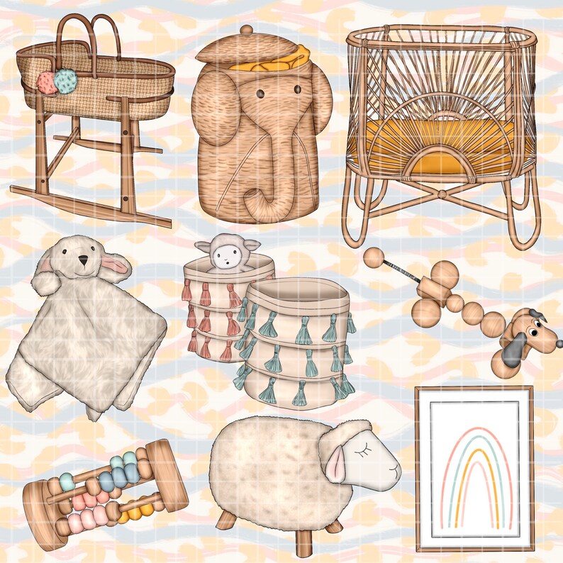 May include: A collection of nursery decor items, including a wicker bassinet, a woven elephant toy bin, a wooden abacus, a stuffed animal, a wooden toy dog, a woven crib, and two woven storage baskets with tassels.