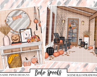 BOHO SPOOKS Scenes, Halloween Scenery, Clipart for Planner Stickers, Fashion Girl Clipart, Trick or Treat Clip Art, Hand Drawn Illustrations
