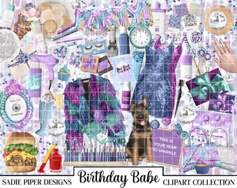 Könnte beinhalten: Eine digitale Clipart-Sammlung mit verschiedenen Elementen für eine Geburtstagsparty, darunter ein Paillettenkleid, eine Discokugel, ein Cupcake, eine Geschenkbox, eine Champagnerflasche, ein Burger, ein Hund und ein Schild mit der Aufschrift "This is your year to sparkle".