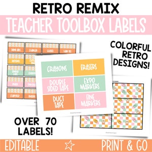 Bearbeitbare Retro-Groovy-Lehrer-Toolbox-Etiketten, trendiges Retro-Klassenzimmerdekor, Retro-Klassenzimmermanagement, Retro-Klassenzimmerorganisatoren - RTRMX