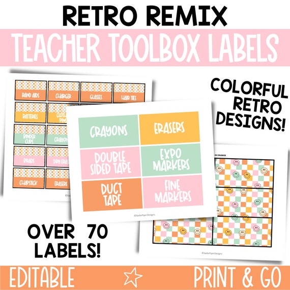Editable Retro Groovy Teacher Toolbox Labels, Trendy retro classroom decor, retro classroom management, Retro Classroom Organizers - RTRMX