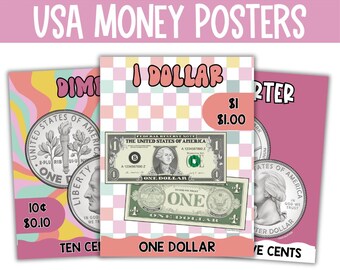 以下が含まれることがあります： アメリカ合衆国のさまざまな硬貨と紙幣を特徴とする、カラフルなポスター6枚。10セント硬貨、1ドル札、25セント硬貨など。ポスターは、波状の線と市松模様で、レトロな70年代のディスコをテーマにしています。ポスターのテキストには、「Disco Darling USA Money Posters」、「Dime」、「1 Dollar」、「Quarter」とあります。