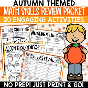 May include: A printable set of 20 autumn-themed math worksheets for kids. The worksheets feature fall-themed illustrations like pumpkins, acorns, and leaves. The worksheets cover a variety of math skills, including number lines, rounding, and addition. The text on the worksheets reads "Autumn Themed Math Skills Review Packet 20 Engaging Activities No Prep! Just Print & Go!"