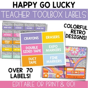 Bearbeitbare Retro Groovy Lehrer Toolbox Etiketten, trendiges Retro Klassenzimmer Dekor, Retro Klassenzimmer Organiser, Retro Klassenzimmer Organisatoren / HGL