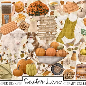 May include: A digital clipart collection featuring autumn-themed illustrations. The collection includes a variety of elements, such as pumpkins, apples, leaves, a cow, a dog, a wagon, a sign that says "October Lane", and a bakery sign that says "Petting Zoo, Cider Mill, Bakery".