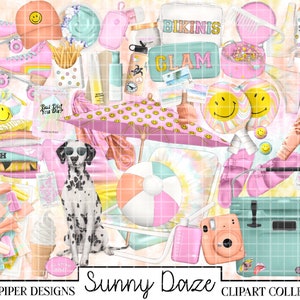 SUNNY DAZE Coral Clipart, Summer Clipart, Beach Tropical Travel Clipart, Pool Clipart, Smiley Face Clipart, Aesthetic Clipart, Vacation