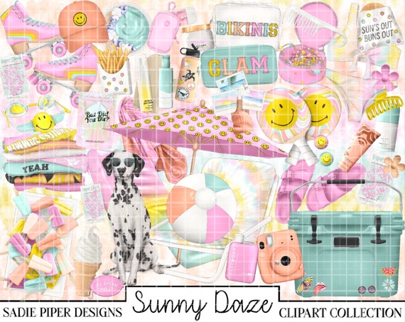 SUNNY DAZE Coral Clipart, Summer Clipart, Beach Tropical Travel Clipart, Pool Clipart, Smiley Face Clipart, Aesthetic Clipart, Vacation