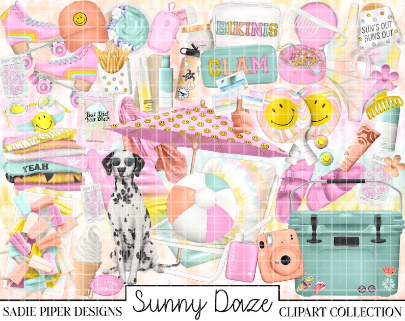 SUNNY DAZE コーラル クリップアート、夏のクリップアート、ビーチ トロピカル トラベル クリップアート、プール クリップアート、スマイリー フェイス クリップアート、美的クリップアート、休暇 画像 1