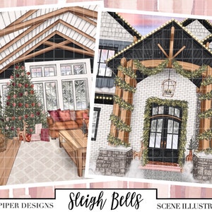 Puede incluir: Ilustraci&oacute;n de dos escenas invernales. Una muestra un sal&oacute;n acogedor con un &aacute;rbol de Navidad, regalos y un sof&aacute;. La otra representa la entrada de una casa decorada con guirnaldas y luces. El texto "Sleigh Bells" es visible.