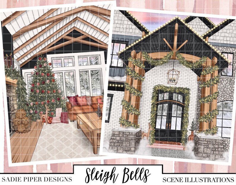 Puede incluir: Ilustraci&oacute;n de dos escenas invernales. Una muestra un sal&oacute;n acogedor con un &aacute;rbol de Navidad, regalos y un sof&aacute;. La otra representa la entrada de una casa decorada con guirnaldas y luces. El texto "Sleigh Bells" es visible.