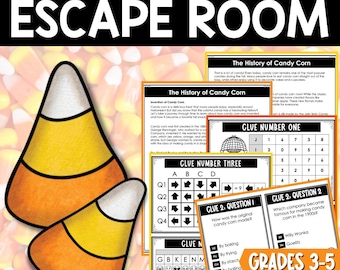 May include: A printable escape room game for kids about the history of candy corn. The game features a colorful candy corn design and includes clues, puzzles, and questions. The game is designed for grades 3-5.