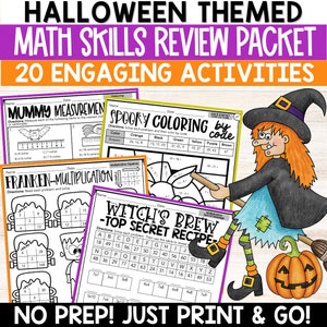 May include: A Halloween-themed math skills review packet with 20 engaging activities. The packet features colorful worksheets with various math problems and activities, including measurement, multiplication, coloring by code, and a secret recipe. The worksheets feature Halloween-themed characters like a mummy, a Frankenstein, a witch, and a pumpkin.