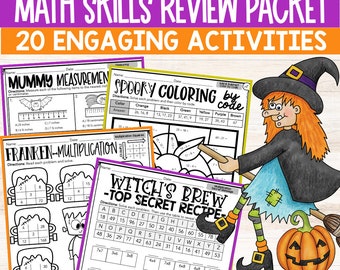 May include: A Halloween-themed math skills review packet with 20 engaging activities. The packet features colorful worksheets with various math problems and activities, including measurement, multiplication, coloring by code, and a secret recipe. The worksheets feature Halloween-themed characters like a mummy, a Frankenstein, a witch, and a pumpkin.