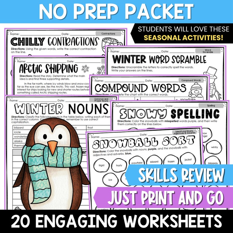 Winter Literacy Worksheets for 3rd Grade, NO PREP 3rd Grade Winter ...