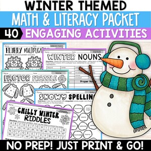 May include: A printable winter-themed maths and literacy pack with 40 engaging activities. The pack features worksheets with activities such as multiplication, factor puzzles, word searches, and more. The worksheets are decorated with winter-themed illustrations, including a snowman, snowflakes, and a penguin.
