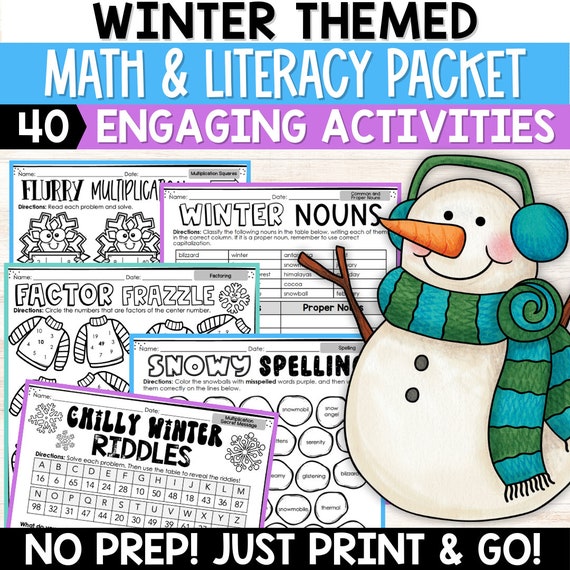 Winter Math and Literacy Worksheets for 3rd Grade, NO PREP 3rd Grade Winter Language Arts Worksheets, January Math Review Packet, ELA
