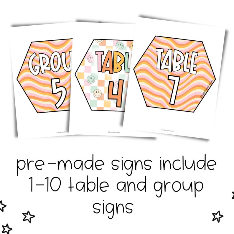May include: Three printable signs with a hexagon shape and a retro design. The signs are labeled "Group 5", "Table 4", and "Table 7".