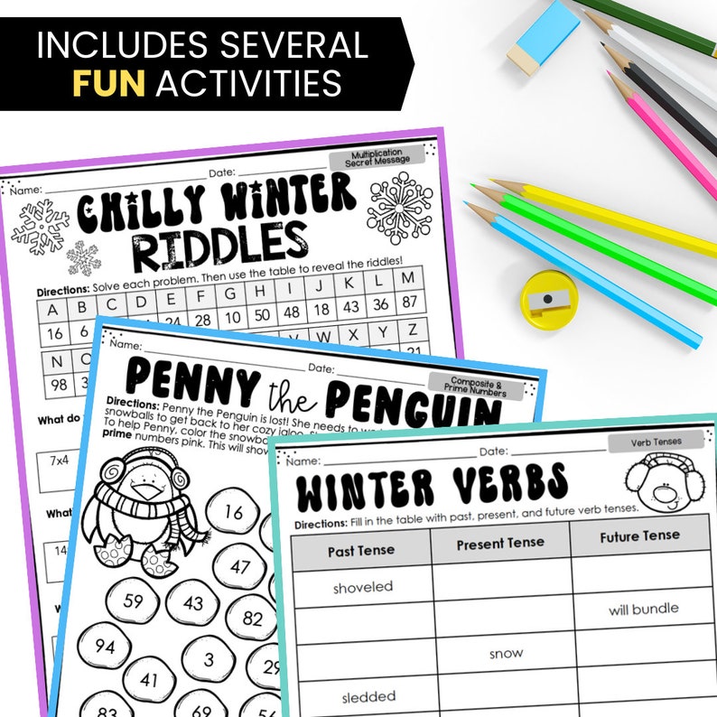 Op de afbeelding: Een set van drie printbare werkbladen voor kinderen met winterthema's. Het eerste werkblad is een vermenigvuldigingsraadsel met een sneeuwvlokontwerp. Het tweede werkblad toont een pingu&iuml;n en vraagt ​​kinderen om priemgetallen in te kleuren. Het derde werkblad is een werkwoordtijdactiviteit met een sneeuwmanontwerp.